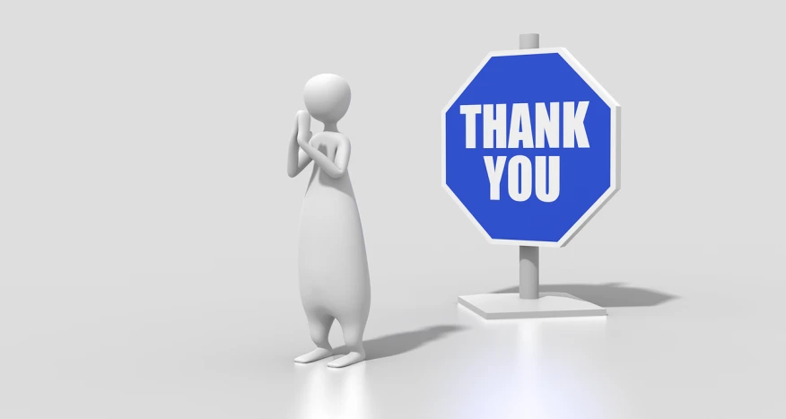 a person standing next to a sign that says thank you, by Tom Carapic, pixabay contest winner, 3 d model, solemn gesture, stock photo, slow