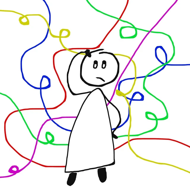 a drawing of a person in a white dress, a cartoon, inspired by Michael Deforge, conceptual art, colorful wires, looking confused, blurry and dreamy illustration, islamic