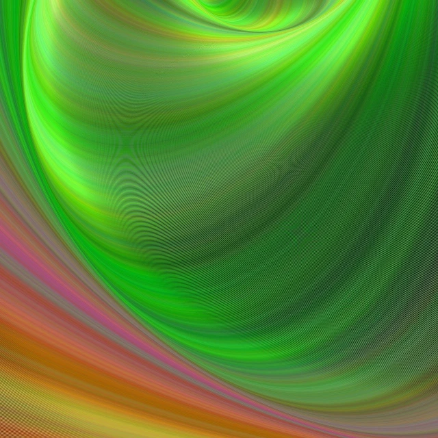 a computer generated image of a green and orange swirl, a digital rendering, by Daniel Chodowiecki, shutterstock, abstract illusionism, green and pink fabric, beautiful natural soft light, rainbow sheen, glowing drapes