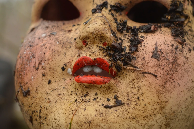 a close up of a face with dirt on it, a surrealist sculpture, inspired by David Wojnarowicz, environmental art, lipstick, face mask, shot on sony alpha dslr-a300, spiritual scene