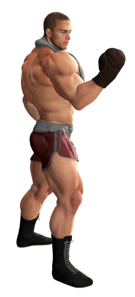 a close up of a person wearing boxing gloves, inspired by Daryush Shokof, featured on zbrush central, full body profile pose, beefcake pose, muscular thighs, khabib