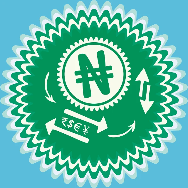 a green and white sign on a blue background, inspired by Shunbaisai Hokuei, net art, coin with the letter n, banknote, seifuku, rosette