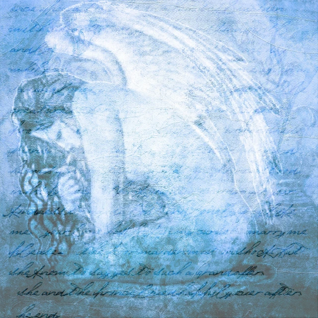 a painting of an angel on a blue background, by Cindy Wright, digital art, old script, ancient evil letters, hug, cold blue colors