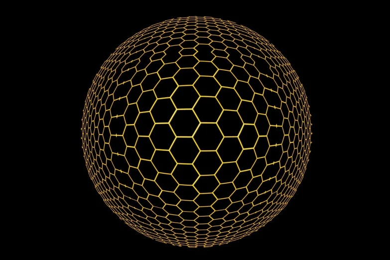 a black and gold sphere on a black background, a digital rendering, inspired by Buckminster Fuller, op art, hexagonal mesh wire, microscopic photo, !!! very coherent!!! vector art, james webb space telescope