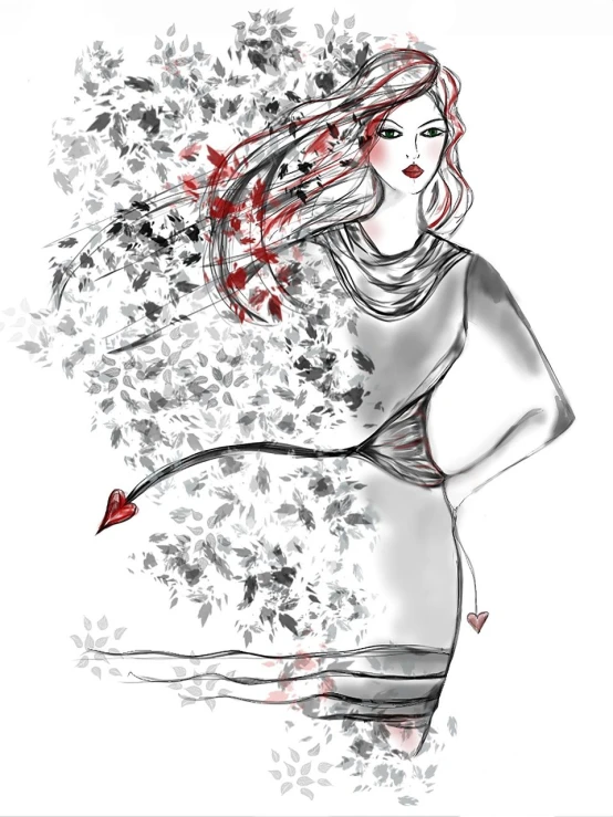 a drawing of a woman with long hair, digital art, by Zofia Stryjenska, shutterstock contest winner, black and white with red hearts, dress made of leaves, fashion concept art, young redhead girl in motion