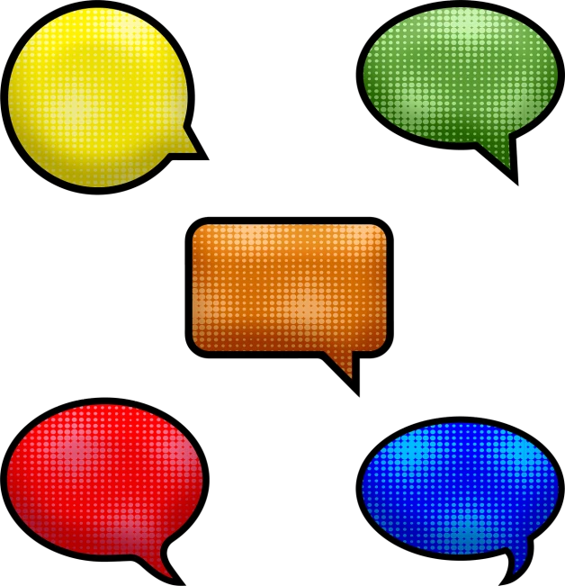 four different colored speech bubbles on a black background, by David Burton-Richardson, pixel art, polka dot, : 5 stylish, shiny!!, app icon