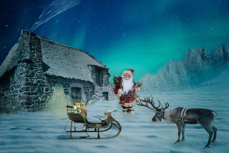 a santa clause standing next to a reindeer and a sleigh, a photo, inspired by Rudolph F. Ingerle, realism, frozen time effect, elves house, very beautiful photo, 2 0 2 2 photo