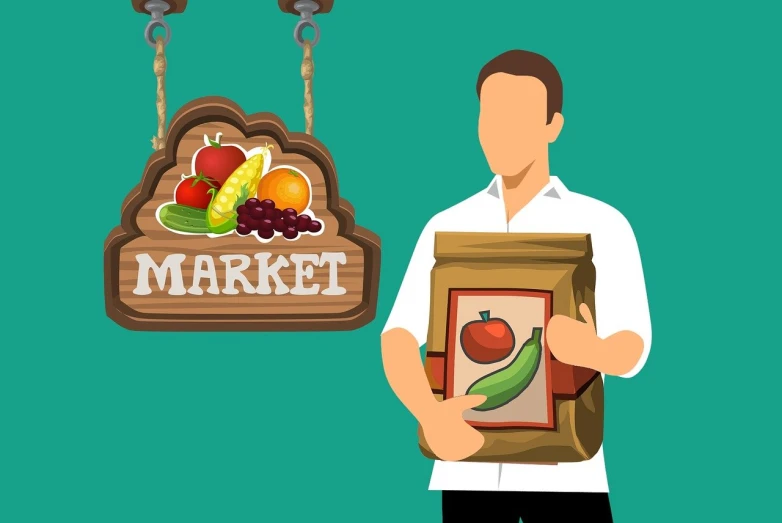 a man holding a bag of food in front of a market sign, an illustration of, conceptual art, marketing game illustration, fruit basket, poster illustration, order now