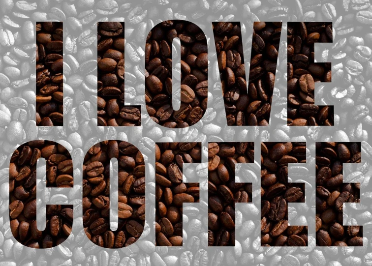 a pile of coffee beans with the words i love coffee, graffiti, billboard image, high quality product image”