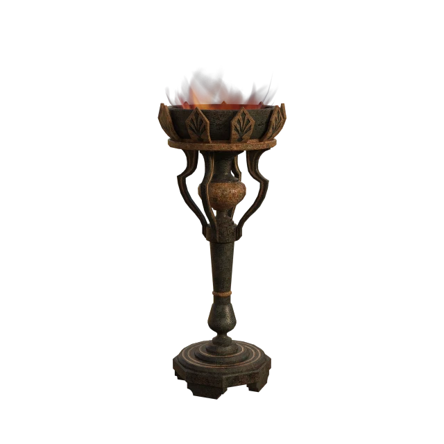 a close up of a metal object on a black background, inspired by Sándor Bihari, trending on polycount, hurufiyya, warm fireplace, overturned ornate chalice, full - view, burning down