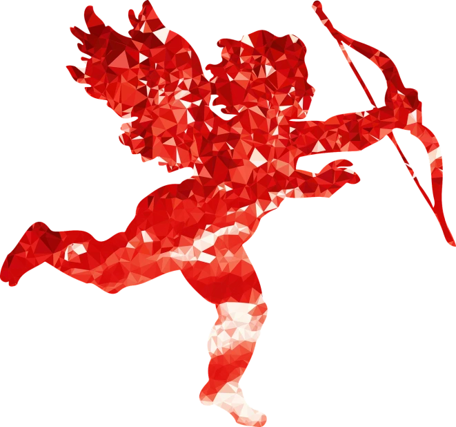 a silhouette of a cupid with a bow and arrow, digital art, low polygons illustration, mosaic, falling red petals, diamond