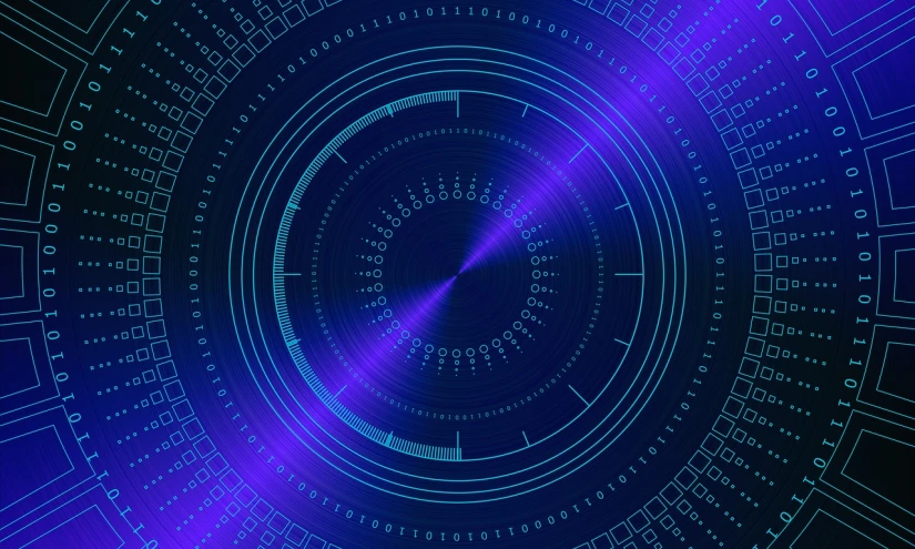 a close up of a clock surrounded by numbers, a computer rendering, shutterstock, digital art, blue circular hologram, dark purple background, vector background, all dark blue metal