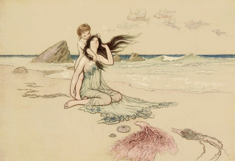 a drawing of a woman sitting on the beach, a storybook illustration, by Warwick Goble, tumblr, conceptual art, wet skin and windblown hair, family, raphael lecoste, on the ocean