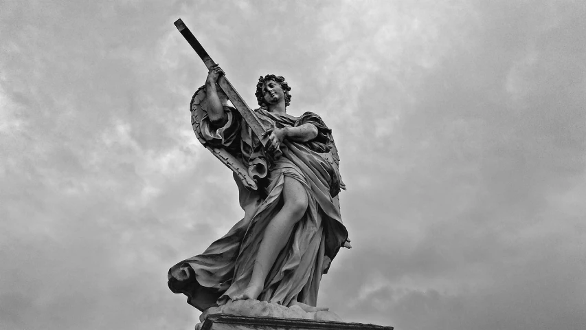 a statue of a woman holding a sword, by Alessandro Allori, flickr, neoclassicism, dramatic skies, bw, musician, gunner