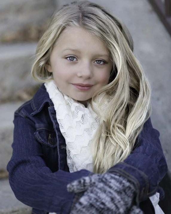 a little girl is posing for a picture, by Mike Bierek, long blonde hair and large eyes, scarf, actor, ayne haag