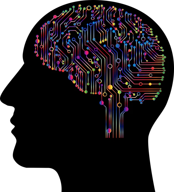 a computer circuit board in the shape of a brain, by Andrei Kolkoutine, shutterstock, generative art, multicolored vector art, the background is black, robots, looking to the right