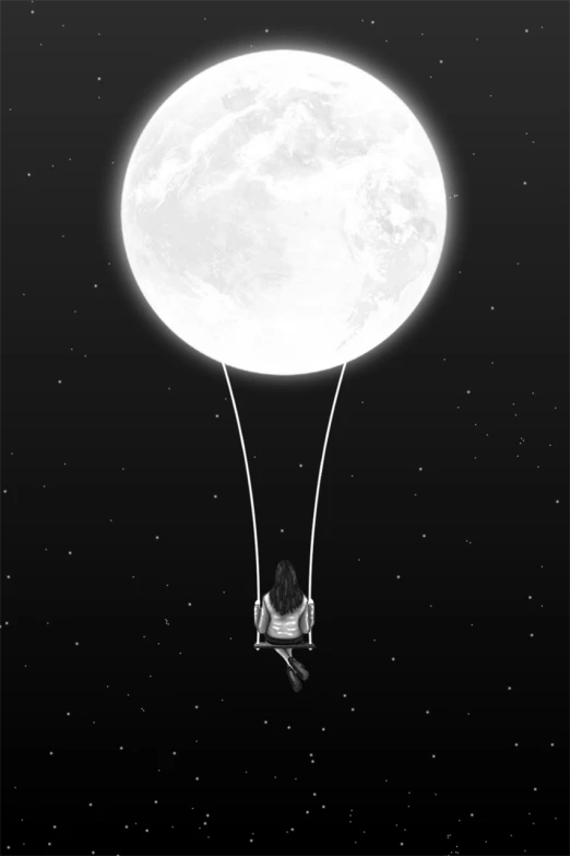 a person sitting on a swing with the moon in the background, a black and white photo, by Yi Inmun, surrealism, amoled wallpaper, balloon, aaaaaaaaaaaaaaaaaaaaaa, cute digital art