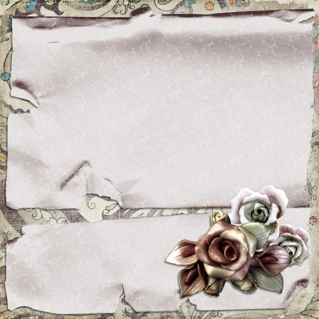 a close up of a piece of paper with flowers on it, a picture, baroque, steampunk background, layered paper style, satin, roses background