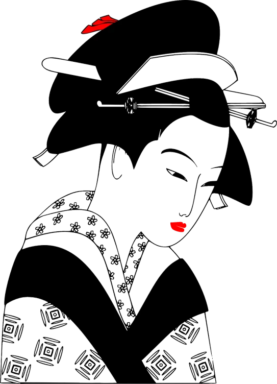 a black and white drawing of a woman wearing a hat, inspired by Torii Kiyonobu I, reddit, black backround. inkscape, light-red lips, trending on pixart, digital art - w 640