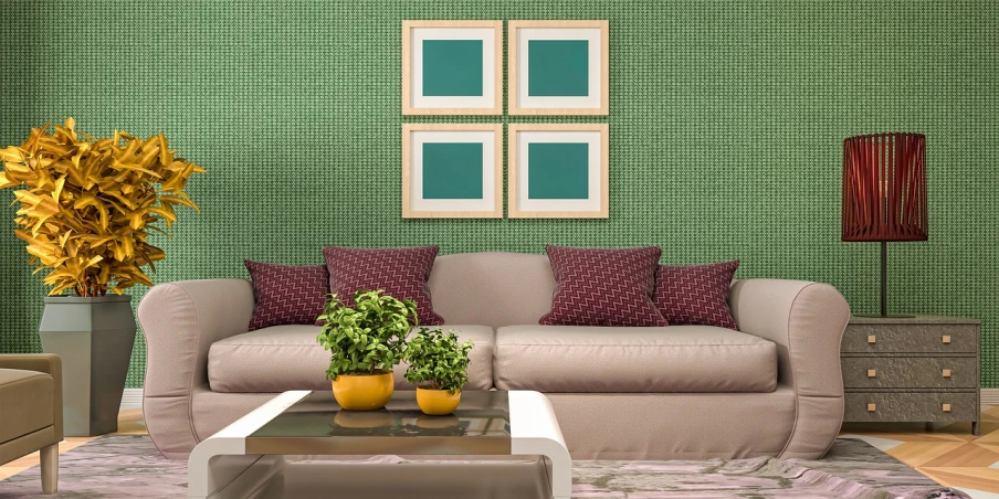 a living room with a couch and a coffee table, a digital rendering, inspired by Art Green, trending on cg society, op art, square pictureframes, green wallpaper background, vertical orientation, viridian and venetian red