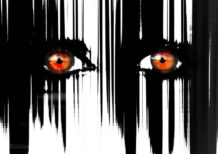 a black and white photo of two orange eyes, a digital rendering, inspired by Chris Friel, trending on pixabay, shock art, barcode, blood dripping from eyes, horror movie poster art, face partially obscured