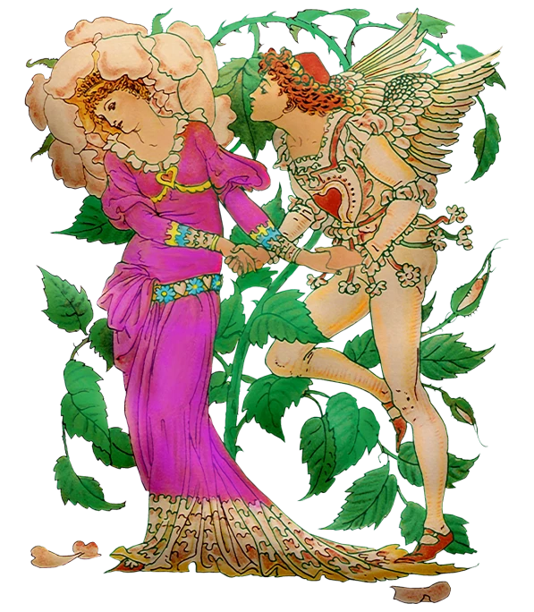 a couple of angels standing next to each other, a digital rendering, inspired by Walter Crane, art nouveau, lustful vegetation, fully colored, romeo and juliet, bekinski
