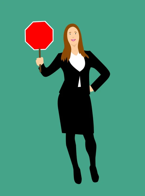 a woman in a business suit holding a stop sign, pixabay, excessivism, solid color background intricate, ( waitress ) girl, wearing a red gilet, woman in black business suit