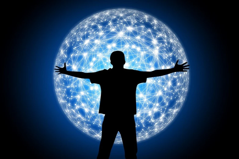 a man standing in front of a glowing sphere, pixabay, network, big!!!!!!!!!!!!, god of moon, rich detail