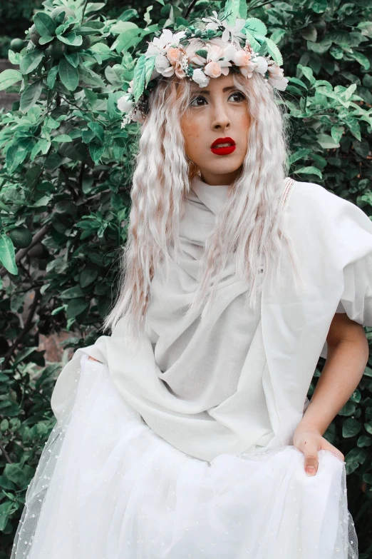a woman wearing a white dress and a flower crown, inspired by Aya Goda, rococo, dwarf with white hair, fashion magazine editorial, ashteroth, thick red lips