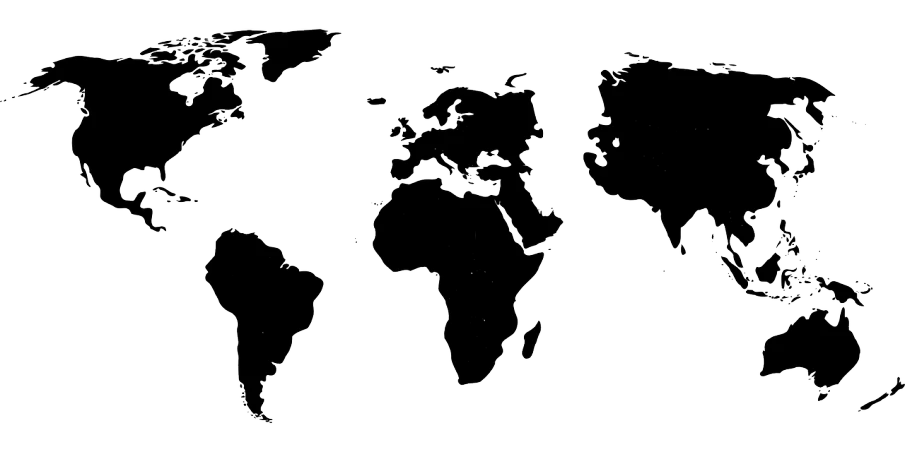 a black and white map of the world, a raytraced image, by Robert Jacobsen, reddit, simple path traced, dark. no text, sketch of an ocean in ms paint, each land is a different color