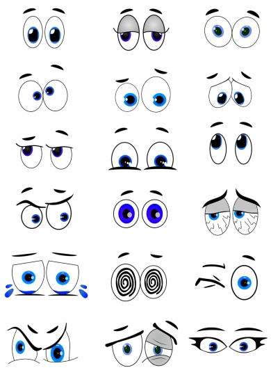 a set of cartoon eyes on a black background, inspired by Pixar, flickr, blue-eyed, tired haunted expression, bored expression, haunted expression