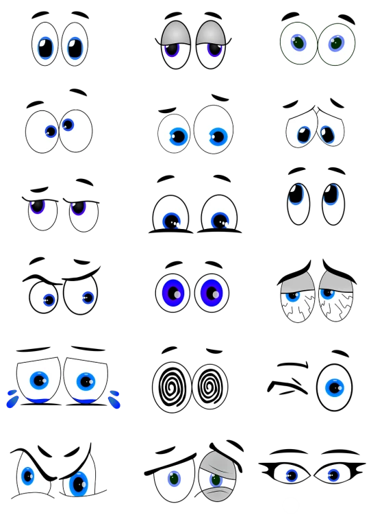 a set of cartoon eyes on a black background, inspired by Pixar, flickr, blue-eyed, tired haunted expression, bored expression, haunted expression