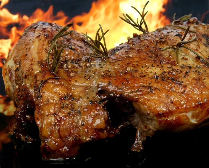 a close up of a piece of meat on a grill, a digital rendering, by Rodney Joseph Burn, pixabay, realism, fire breathing geese, award winning food photo, recipe, which splits in half into wings