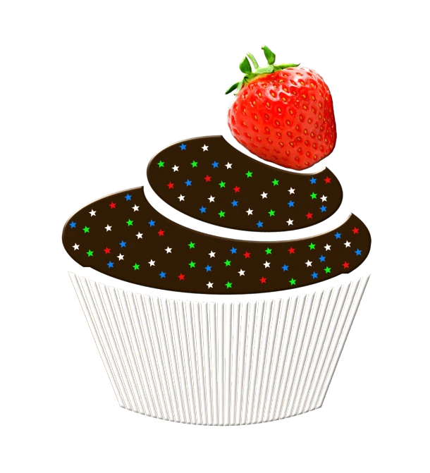 a chocolate cupcake with a strawberry on top, a digital rendering, by Kinichiro Ishikawa, pop art, bright on black, celebration, full color illustration, masterpiece illustration