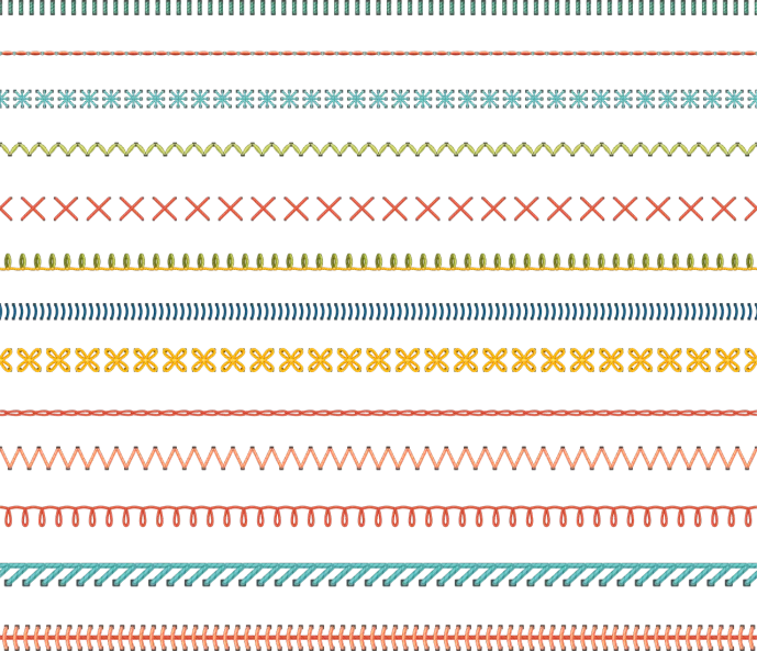 a set of different colored lines on a black background, stitches, with ornamental edges, made with illustrator, cornrows