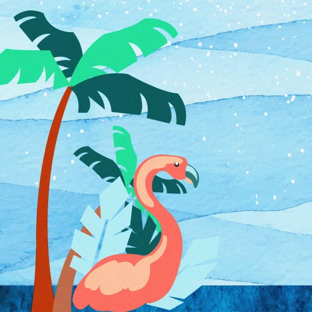 a pink flamingo sitting on a beach next to a palm tree, a watercolor painting, inspired by Emiliano Ponzi, neo-fauvism, blue scales. playing in the snow, dribbble illustration, half image, miami. illustration