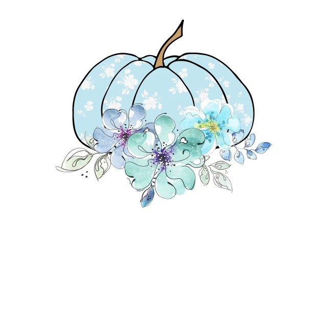 a drawing of a blue pumpkin surrounded by flowers, a watercolor painting, conceptual art, logo without text, simple and clean illustration, illustration iridescent, the background is white