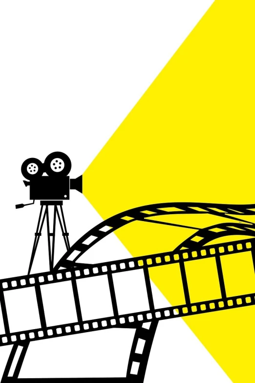 a film reel and a camera on a yellow and white background, a picture, video art, black and white vector, yellow background beam, movie scene close up, back to camera