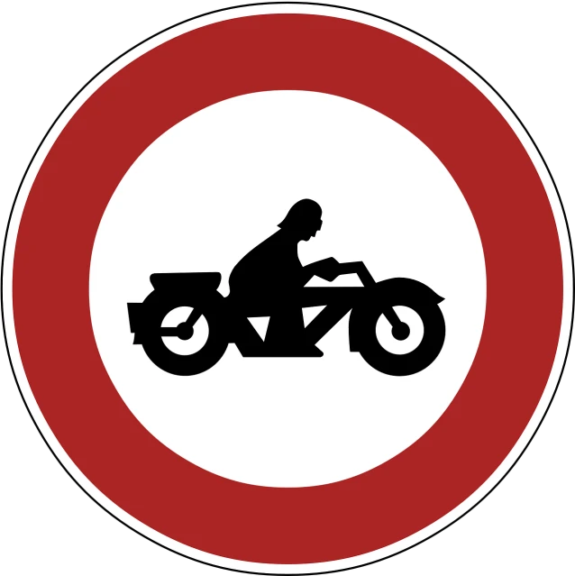 a red and white sign with a man riding a motorcycle, by Zoran Mušič, pixabay, conceptual art, round, black, heavy traffic, forbidden