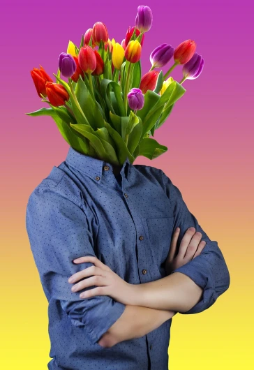 a man with a bunch of tulips on his head, shutterstock contest winner, fantastic realism, young glitched woman, isolated background, background image, helmet instead of a head