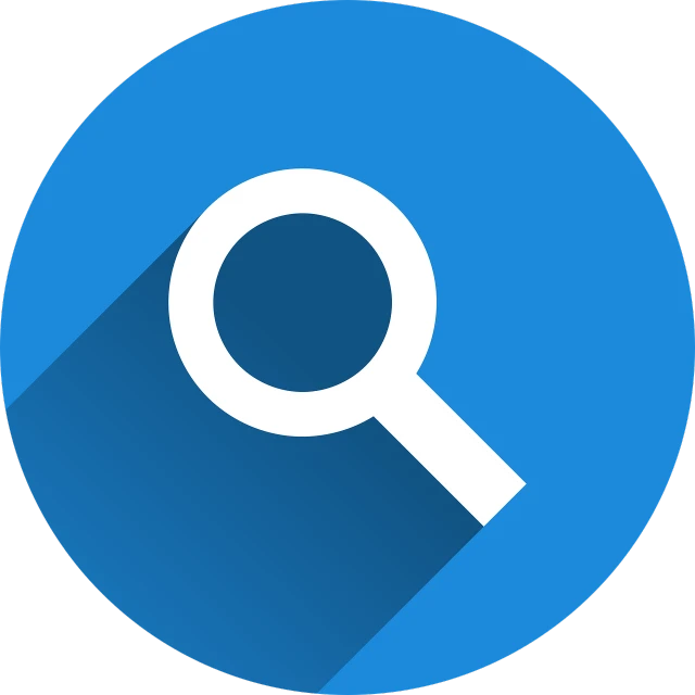 a magnifying icon with a long shadow, a screenshot, pixabay, blue: 0.5, minimalist logo without text, clean background trending, round