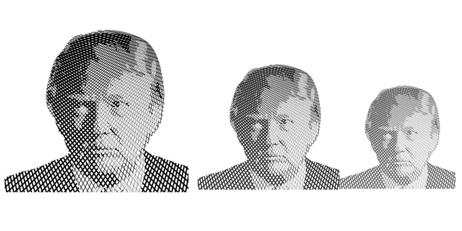 a black and white photo of three men, digital art, illustration of boris johnson, halftone pattern, on clear background, set against a white background