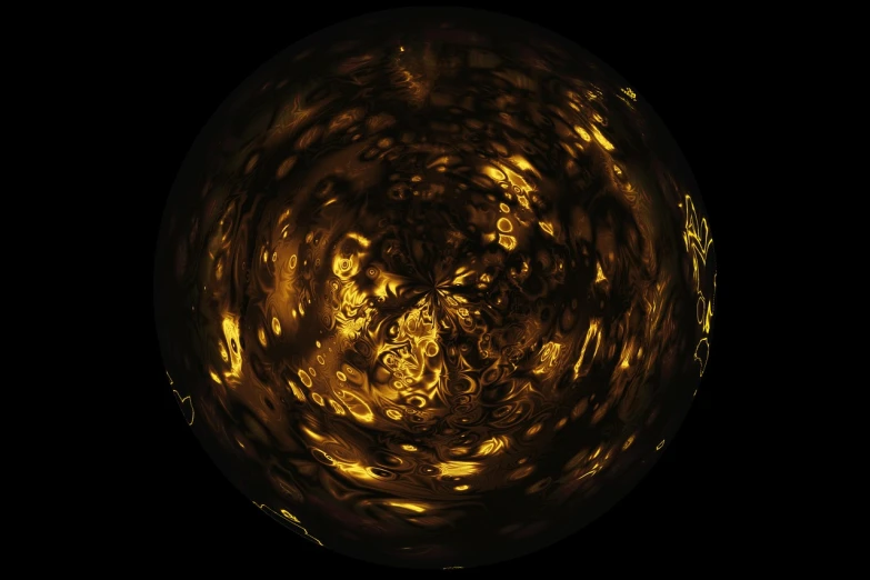 a glass filled with liquid sitting on top of a table, by Jon Coffelt, digital art, with veins of magma and gold, fisheye view, light circles, 8 k. volumetric lighting. dark