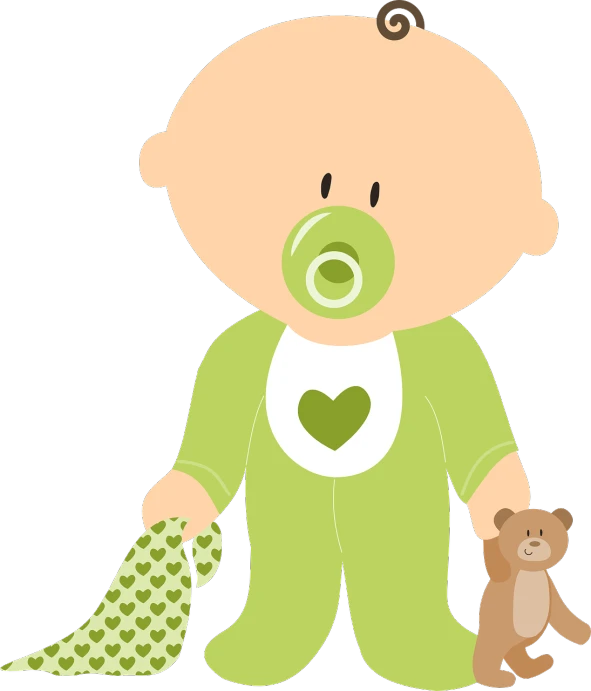 a baby with a pacifier and a teddy bear, inspired by Masamitsu Ōta, pixabay, digital art, green and black colors, green and brown clothes, with a black background, diaper-shaped