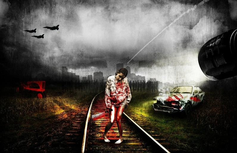 a woman standing on a train track next to a car, digital art, by Darek Zabrocki, spraying blood, zombie ronald reagan, trending on deviantarthq”, parallax photography