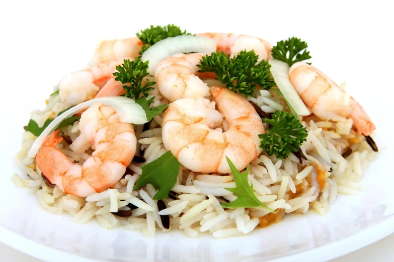 a white plate topped with shrimp and rice, a picture, by Li Mei-shu, pixabay, hurufiyya, istockphoto, salad, with a white background, noodles