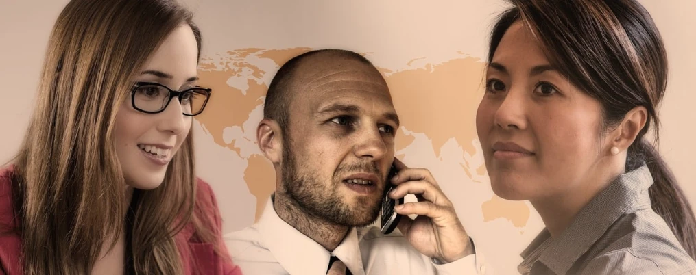 a man talking on a cell phone next to two women, by Kurt Roesch, trending on pixabay, figuration libre, working in a call center, based on geographical map, portrait of karl pilkington, serious business