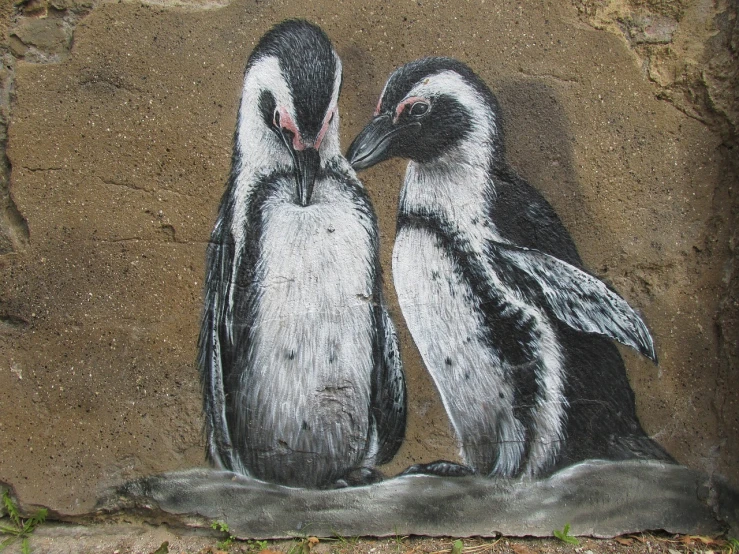 a couple of penguins painted on the side of a building, chalk art, street art, detailed ”