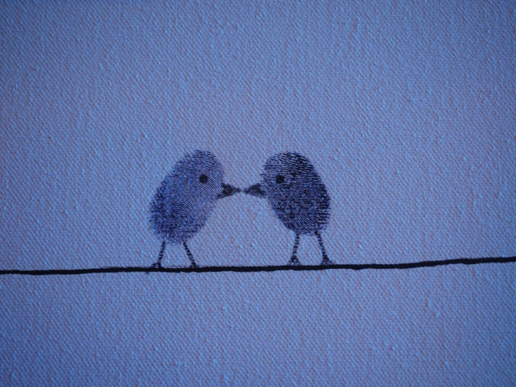 a couple of birds sitting on top of a wire, a minimalist painting, by Sylvia Wishart, flickr, crayon art, kissing together cutely, blue and purple, synthetic polymer paint on linen, thumbprint