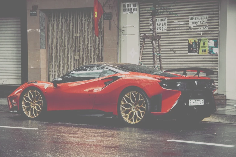 a red sports car parked on the side of the road, a picture, tumblr, f12, banner, asia, wealthy